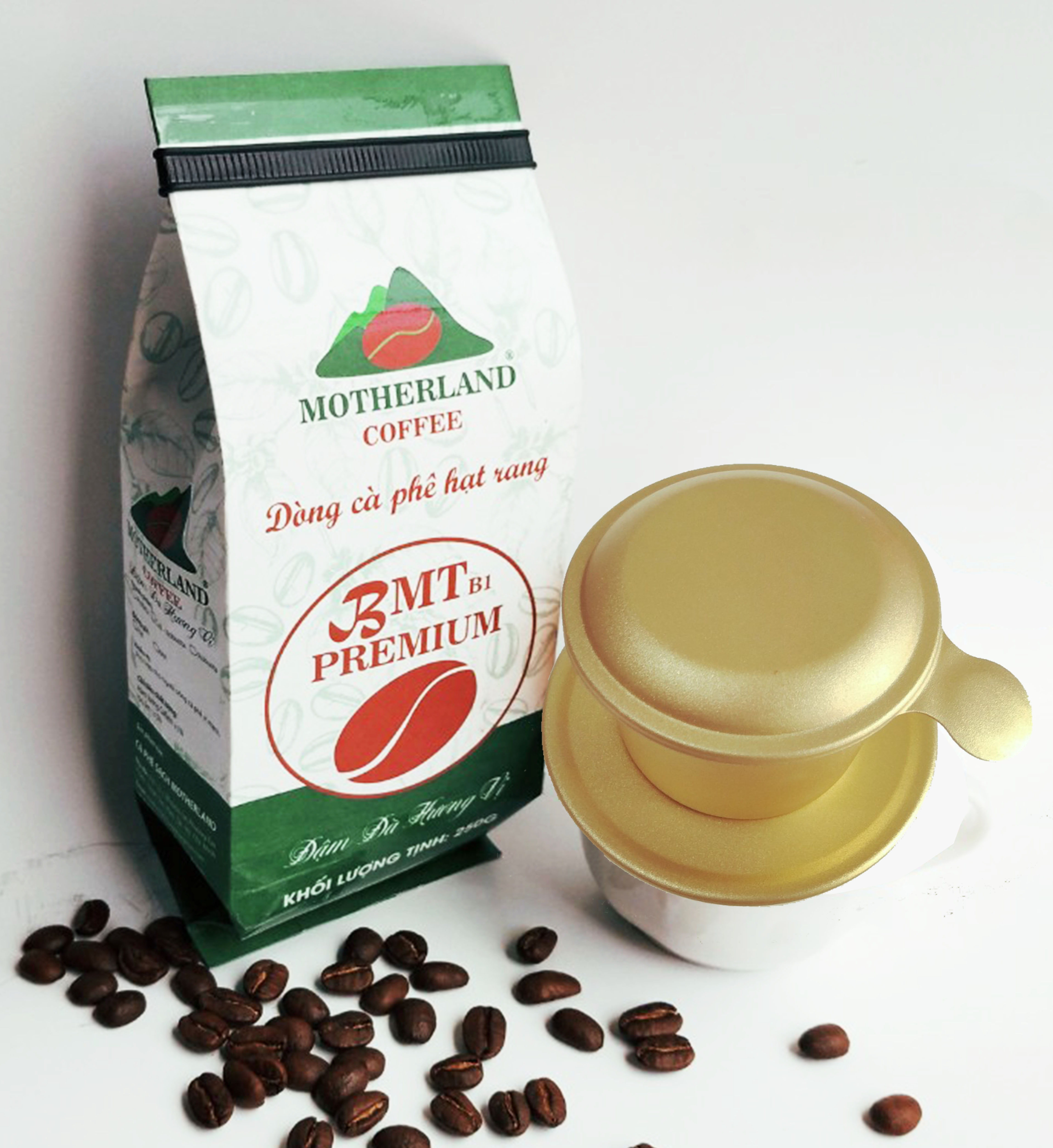 cà phê hạt rang xay nguyên chất Motherland và phin pha cafe màu vàng